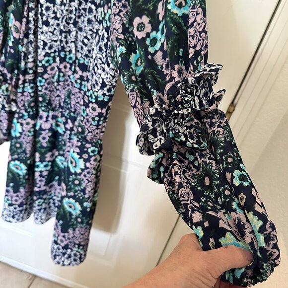 Parker Ruffled Neckline Drop Waist Dress Long Ruffled Sleeve Size L Black Floral - Picture 4 of 4